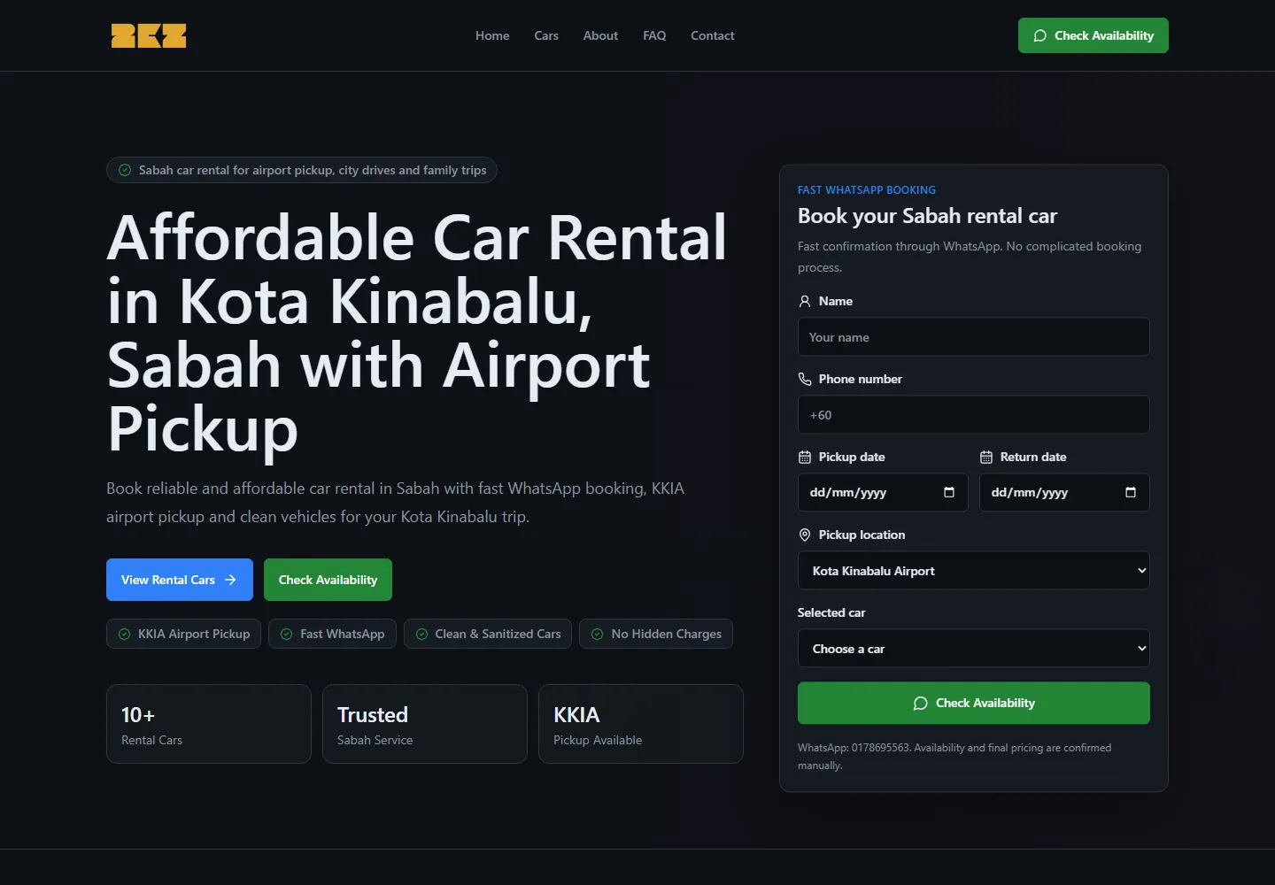 2KZ Car Rental website screenshot